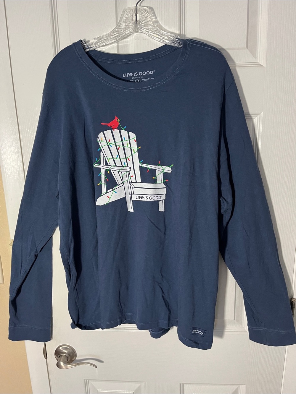 Life is Good Crusher Tshirt blue long slv holiday lights cardinal Adirondack XXL